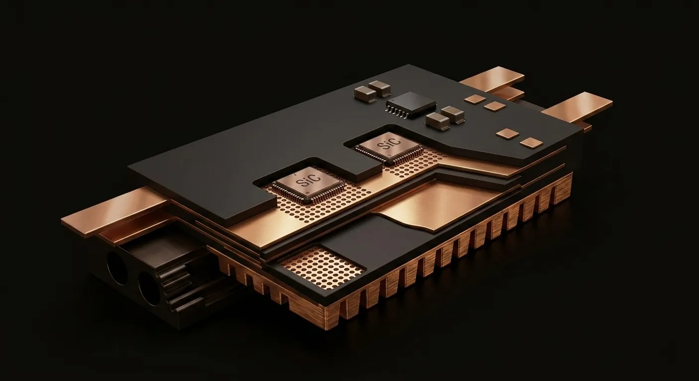 Rendering of a module-less silicon carbide power stage on a liquid-cooled cold plate